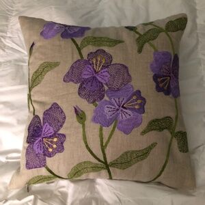 Crate and Barrel linen pillow with embroidered violet flowers 16" square Naomi